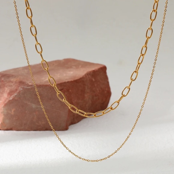 ◾️18K Gold Plated PaperClip Double Layer Chain - Picture 2 of 5